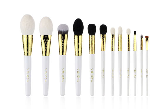 Cepillos naturales del maquillaje del pelo del oro lujoso de 12 pedazos con la etiqueta privada