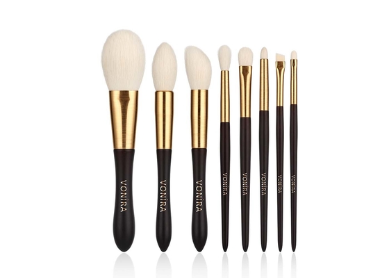 8 pedazos de la cabra del pelo del maquillaje del sistema de cepillos esencial con la manija de madera de la virola de oro del trefilado