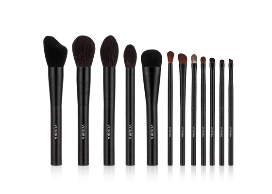 Sistema de cepillo natural del maquillaje del pelo del vegano 12pcs con la manija negra del metal del trefilado